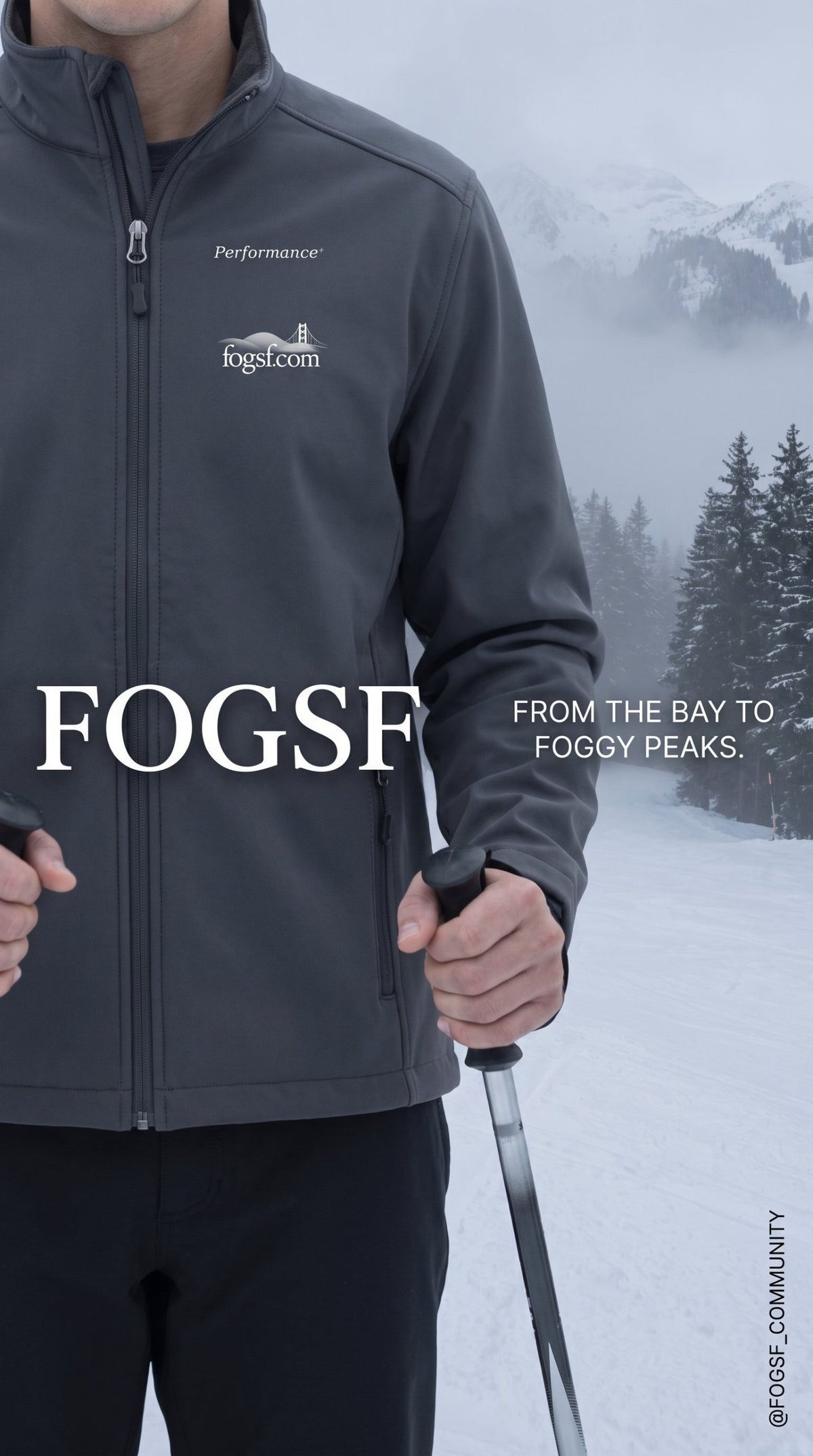 Close-up of the FOGSF Golden Gate Soft Shell Jacket with fogsf.com chest logo on a foggy ski run