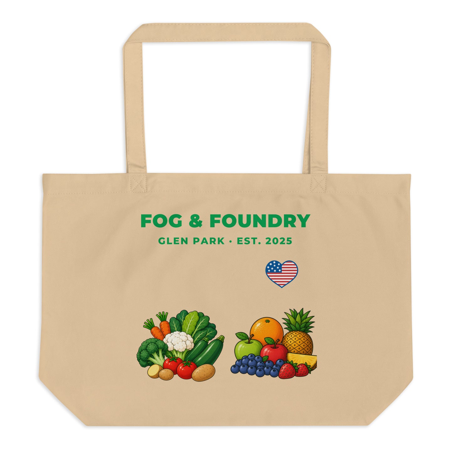 Large organic green cotton tote bag by Fog & Foundry with oyster-colored accents, shown from the front.