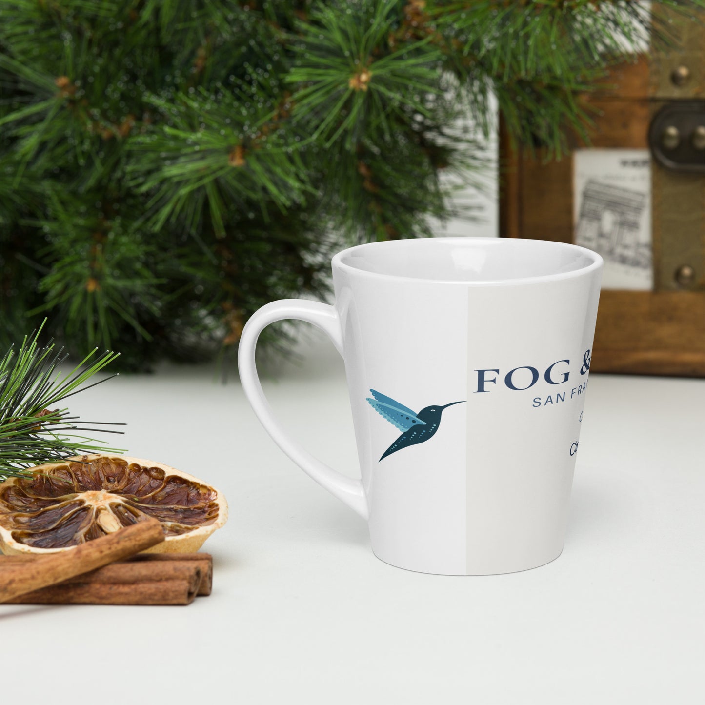 White Hayes Valley Latte Mug by Fog & Foundry, 12oz ceramic mug with a smooth finish, positioned on a flat surface.