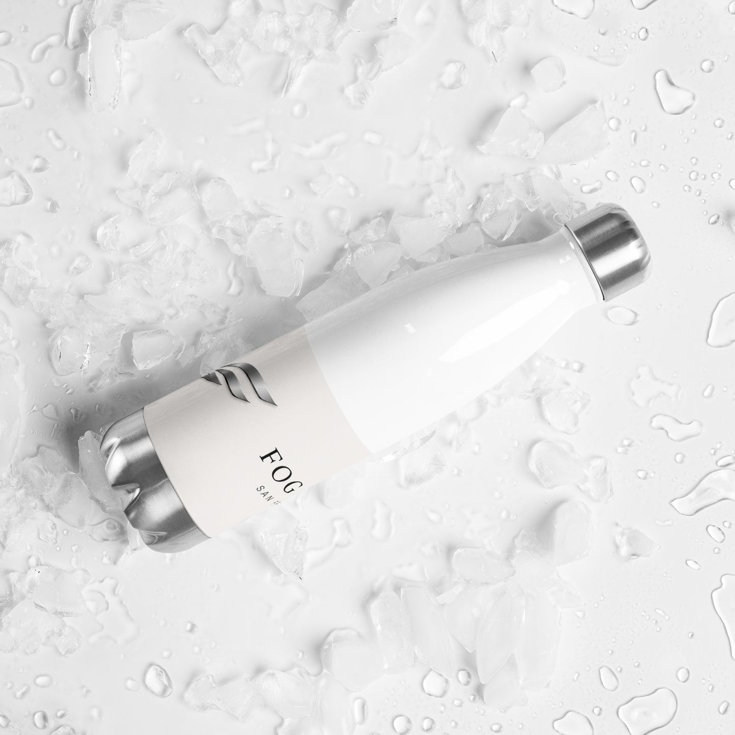 White 17oz stainless steel Twin Peaks water bottle by Fog & Foundry, shown from the back with a sleek design.