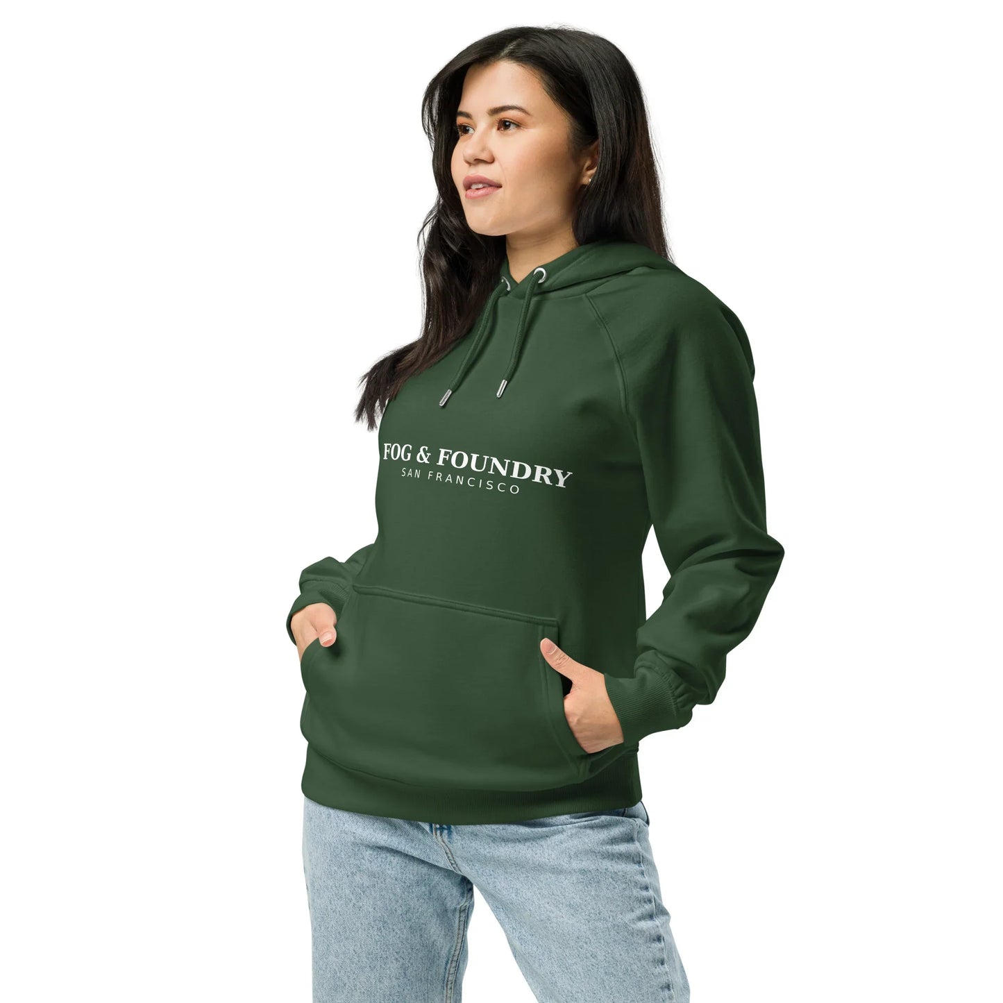 Unisex organic cotton raglan hoodie in bottle green, featuring a casual fit and front view, by Fog & Foundry.