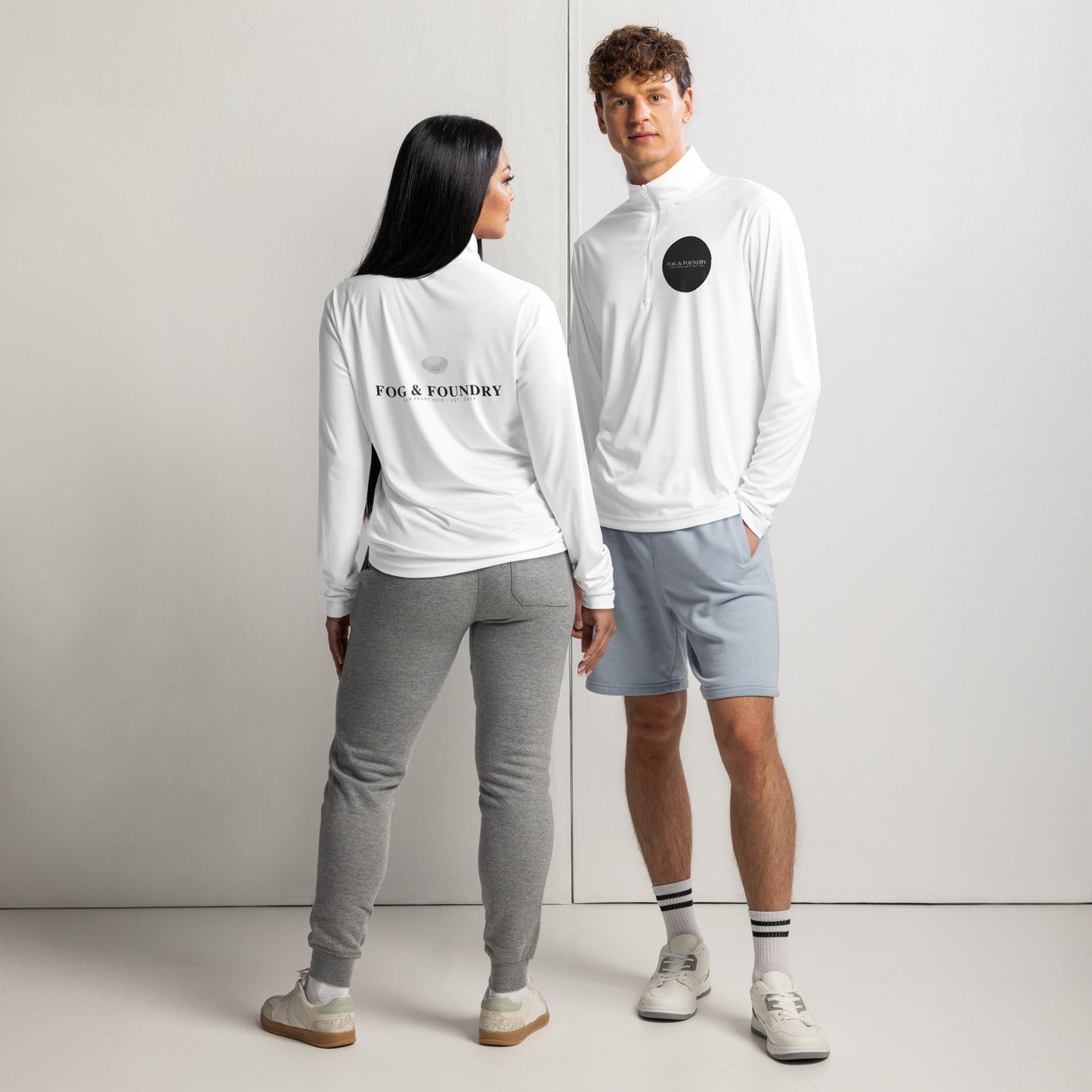 Lightweight quarter-zip pullover white front and back — Fog & Foundry
