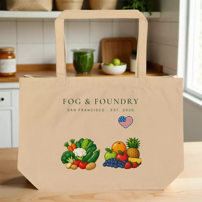 Large purple organic tote bag from Fog & Foundry, showing the oyster-colored front with sturdy handles and eco-friendly design.