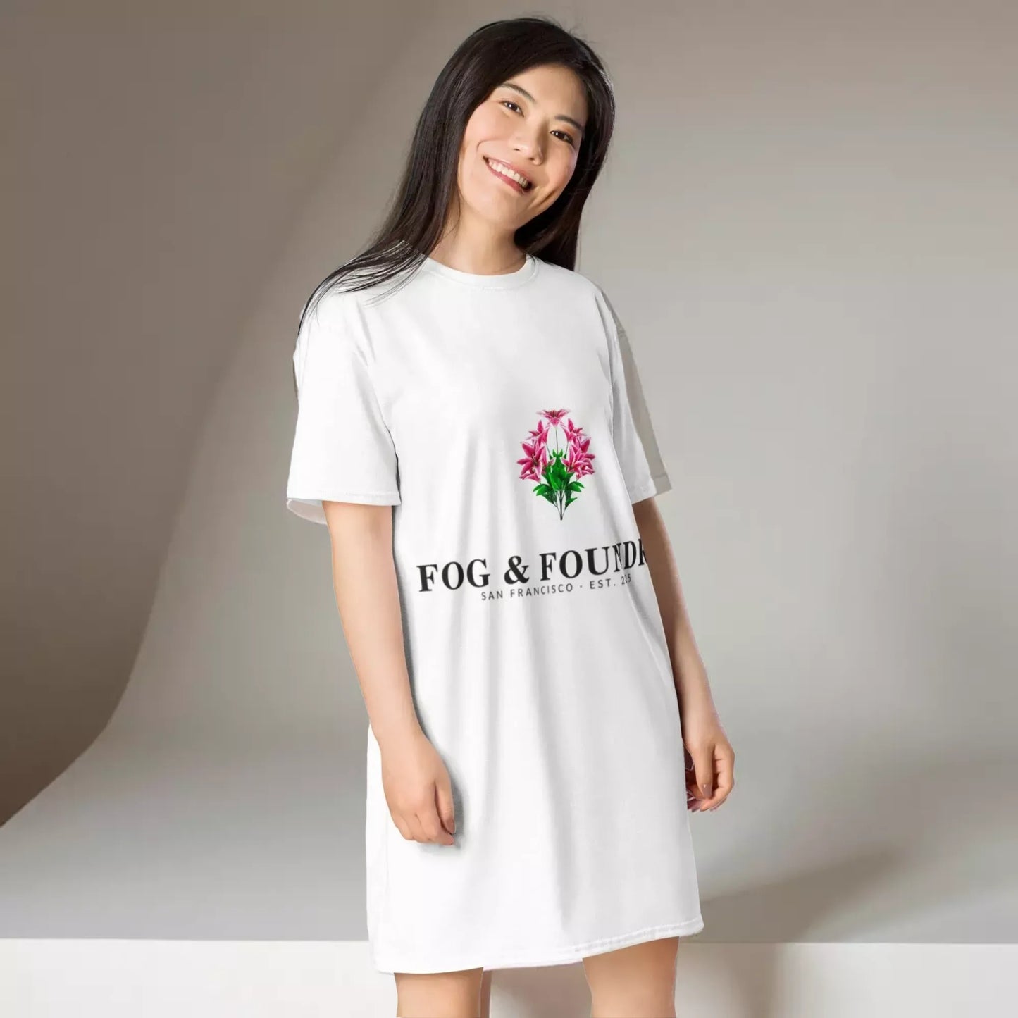 White Fog & Foundry T-Shirt Dress with all-over print, front view showcasing casual, comfortable cut-sew design.