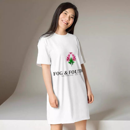 White Fog & Foundry T-Shirt Dress with all-over print, front view showcasing casual, comfortable cut-sew design.