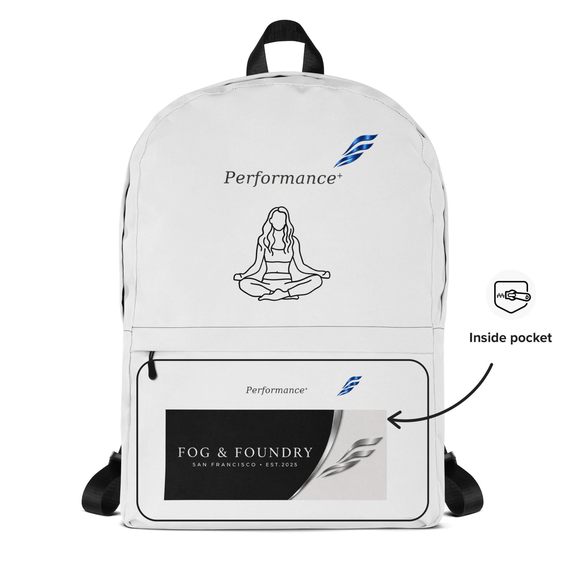 Fog & Foundry water-resistant backpack with 15-inch laptop sleeve and padded straps, featuring an all-over white print design.