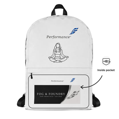 Fog & Foundry water-resistant backpack with 15-inch laptop sleeve and padded straps, featuring an all-over white print design.