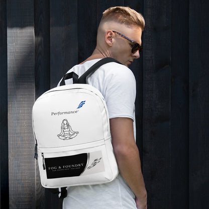 White Fog & Foundry water-resistant backpack with all-over print, 15-inch laptop sleeve, padded straps, and front view.