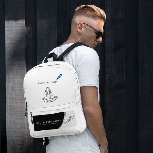 White Fog & Foundry water-resistant backpack with all-over print, 15-inch laptop sleeve, padded straps, and front view.