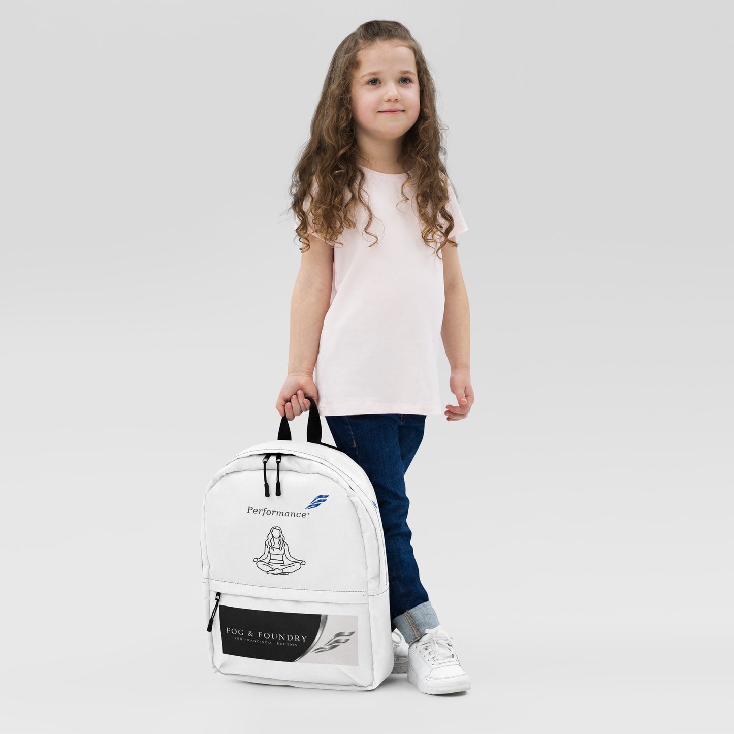 Fog & Foundry water-resistant backpack with all-over print, 15-inch laptop sleeve, padded straps, and white design front view.