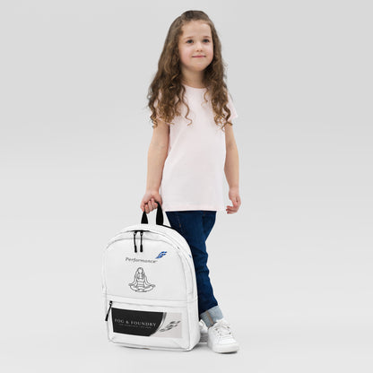 Fog & Foundry water-resistant backpack with all-over print, 15-inch laptop sleeve, padded straps, and white design front view.