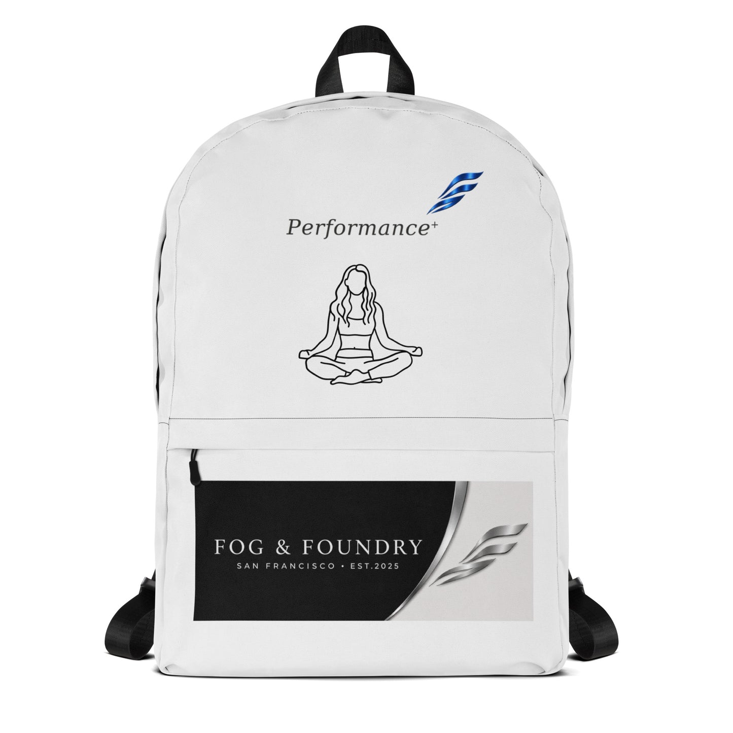 White fog and Foundry water-resistant backpack with 15-inch laptop sleeve and padded straps, featuring an all-over print design.