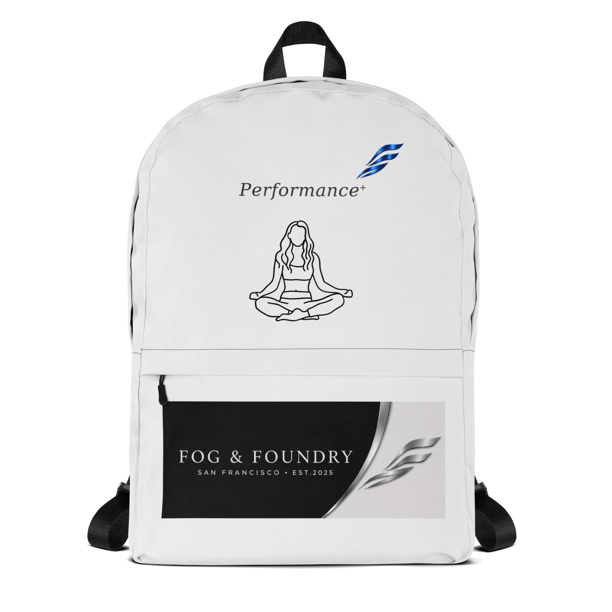 White fog and Foundry water-resistant backpack with 15-inch laptop sleeve and padded straps, featuring an all-over print design.