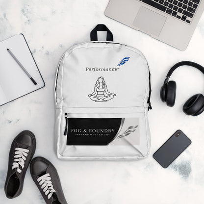 Fog & Foundry water-resistant backpack with 15-inch laptop sleeve, all-over print, padded straps, and white design.