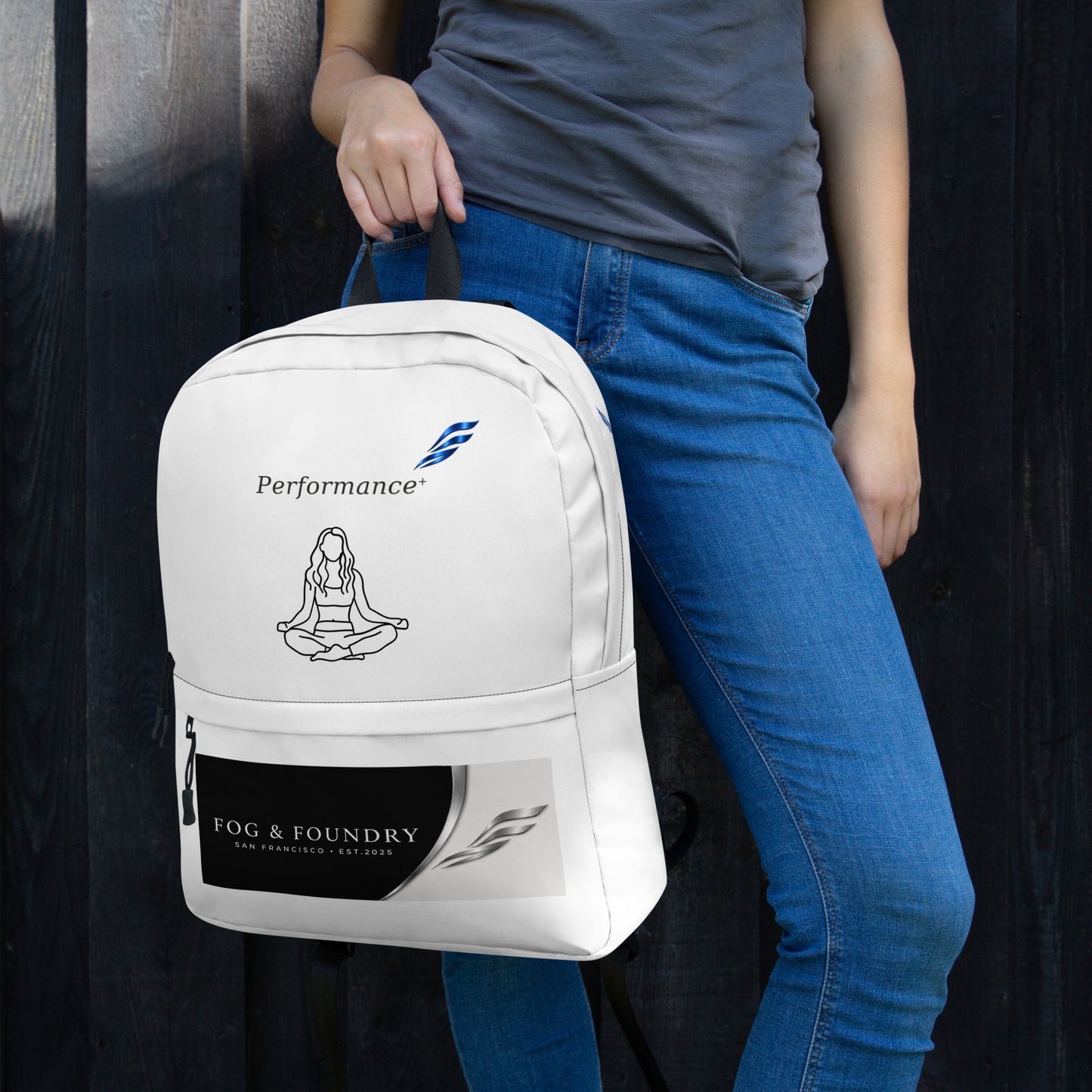 White Fog & Foundry water-resistant backpack with 15-inch laptop sleeve, padded straps, and all-over print design.