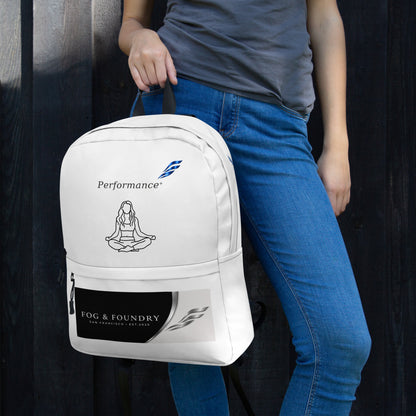 White Fog & Foundry water-resistant backpack with 15-inch laptop sleeve, padded straps, and all-over print design.
