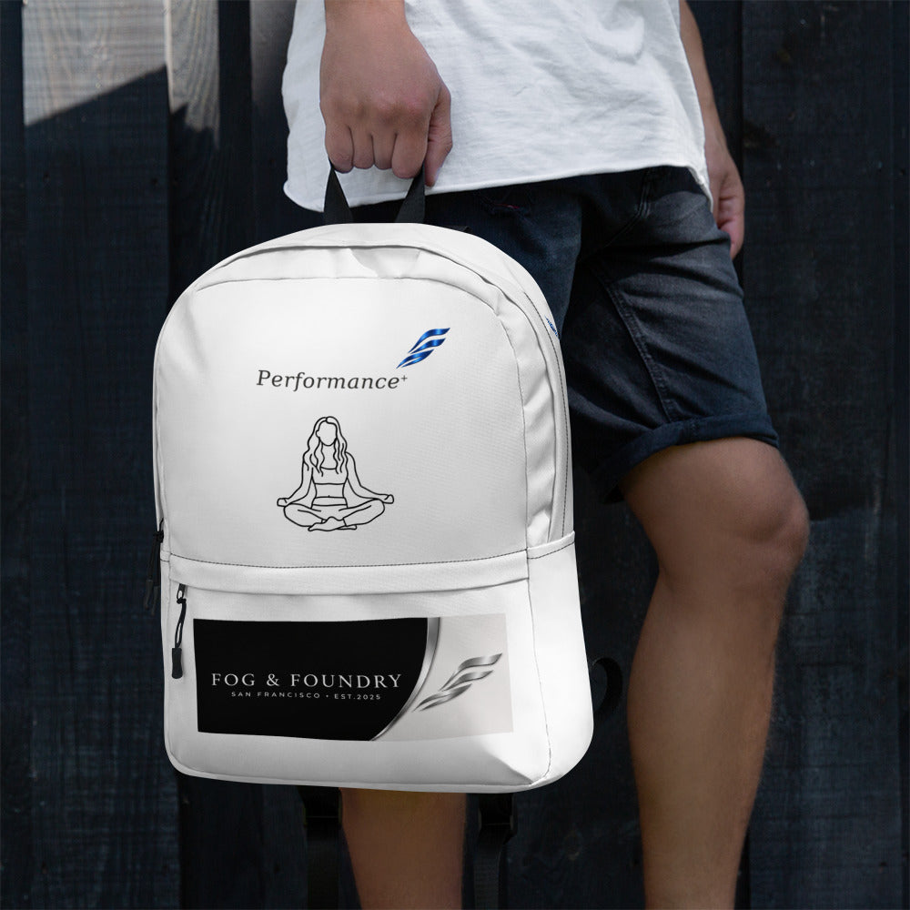 White Fog & Foundry water-resistant backpack with 15-inch laptop sleeve and padded straps, featuring an all-over print design.
