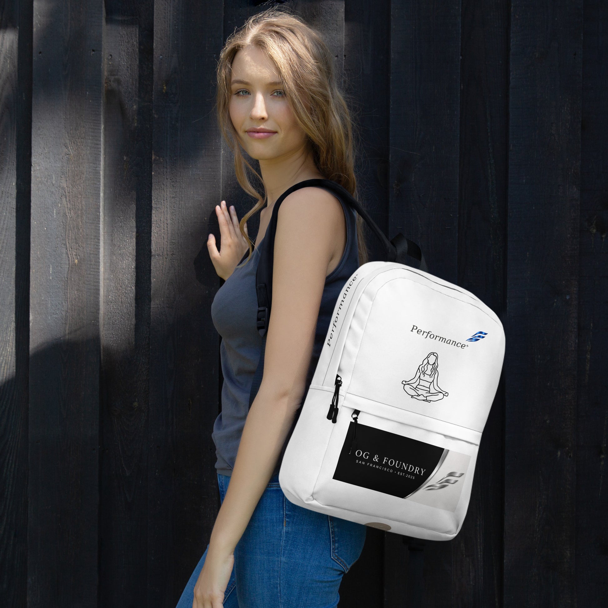 White Fog & Foundry water-resistant backpack with 15-inch laptop sleeve and padded straps, all-over print design.