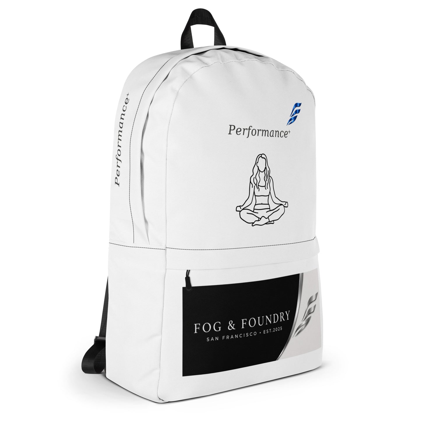 Fog & Foundry water-resistant backpack with all-over print, 15-inch laptop sleeve, padded straps, shown from the right side.