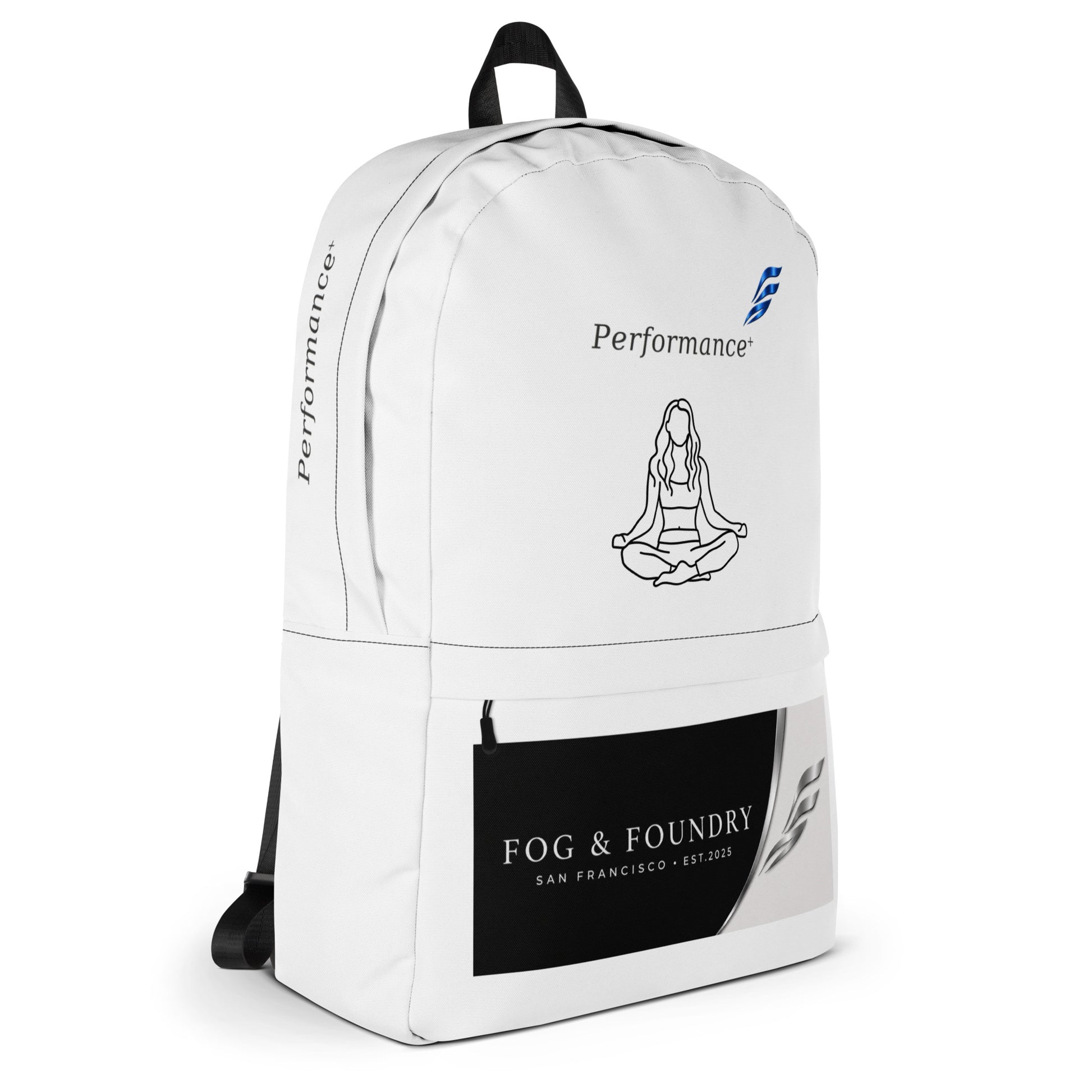 Fog & Foundry water-resistant backpack with all-over print, 15-inch laptop sleeve, padded straps, shown from the right side.