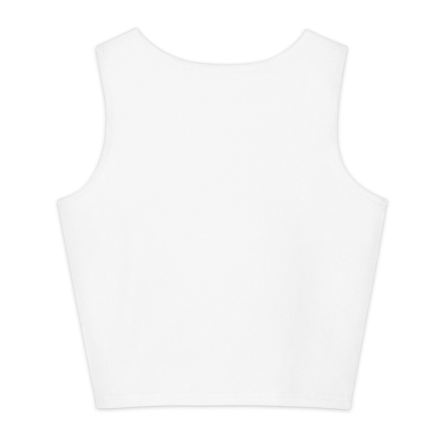 White heavyweight cotton crop top by Fog & Foundry with all-over print, form-fitting and stretchy, back view.