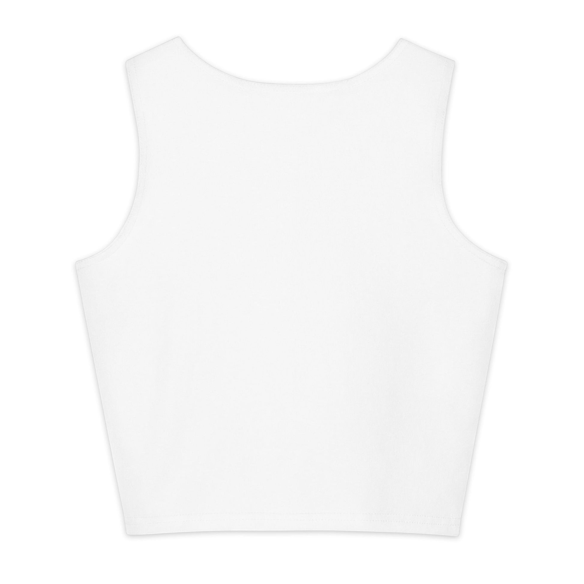 White heavyweight cotton crop top by Fog & Foundry with all-over print, form-fitting and stretchy, back view.