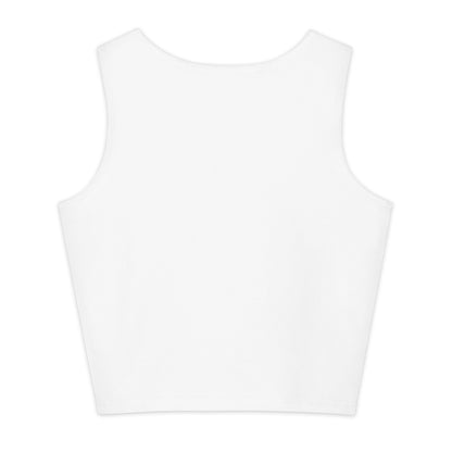 White heavyweight cotton crop top by Fog & Foundry with all-over print, form-fitting and stretchy, back view.