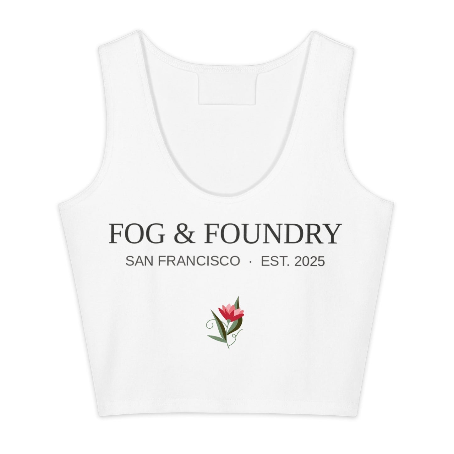 White heavyweight cotton crop top by Fog & Foundry featuring all-over print and a form-fitting, stretch design.