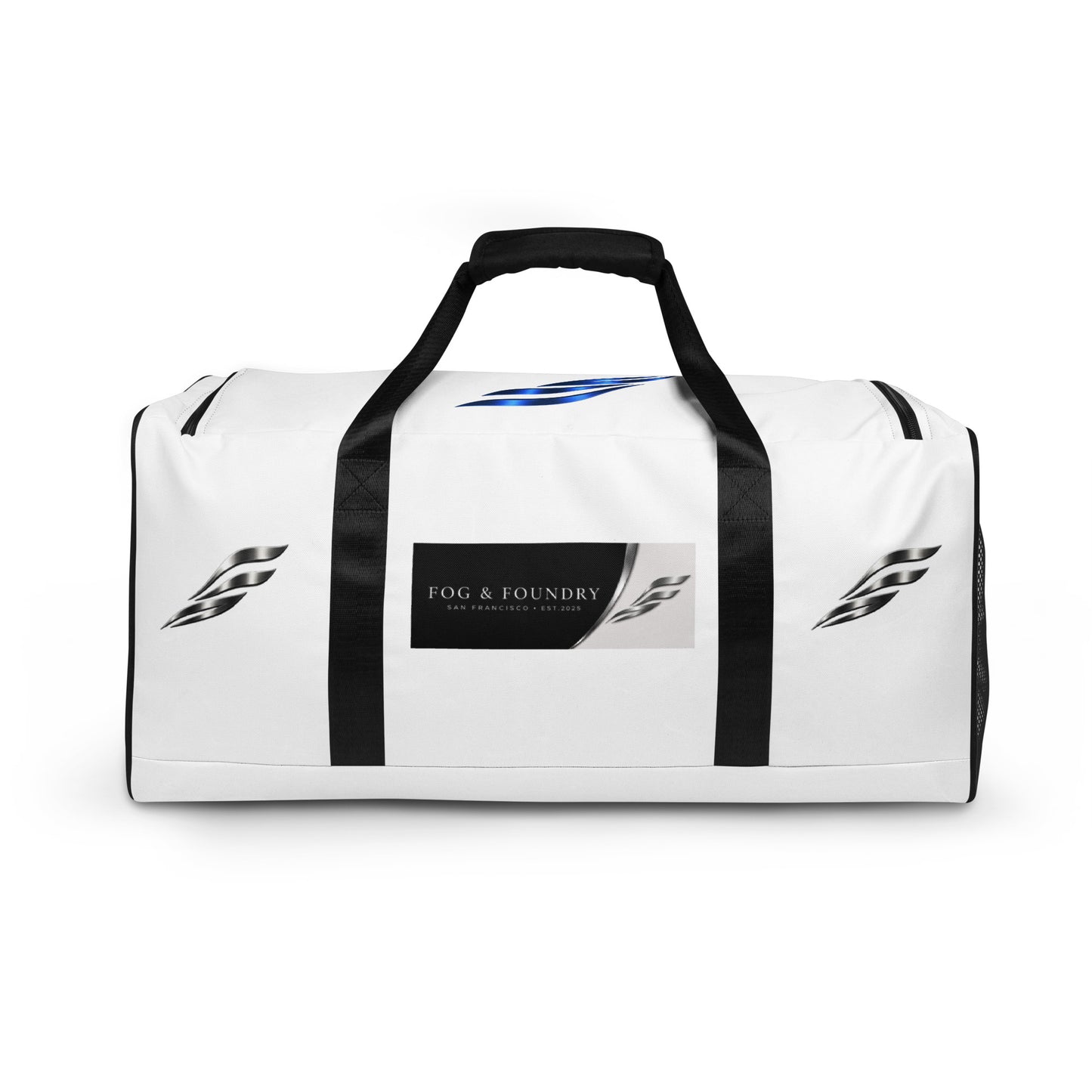 Large Fog & Foundry Performance+ Duffle Bag with all-over white print, showing sturdy handles and spacious design.