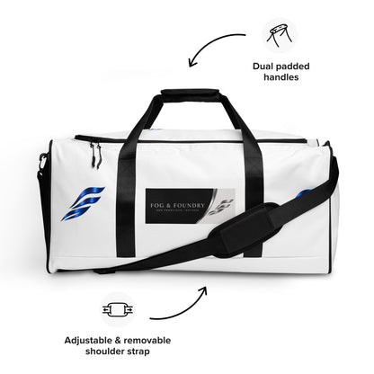 Large Fog & Foundry Performance+ Duffle Bag with all-over white print, showing the front view and durable design.