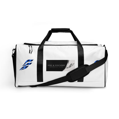 Large Fog & Foundry Performance+ Duffle Bag with all-over white print, featuring sturdy handles and spacious main compartment.