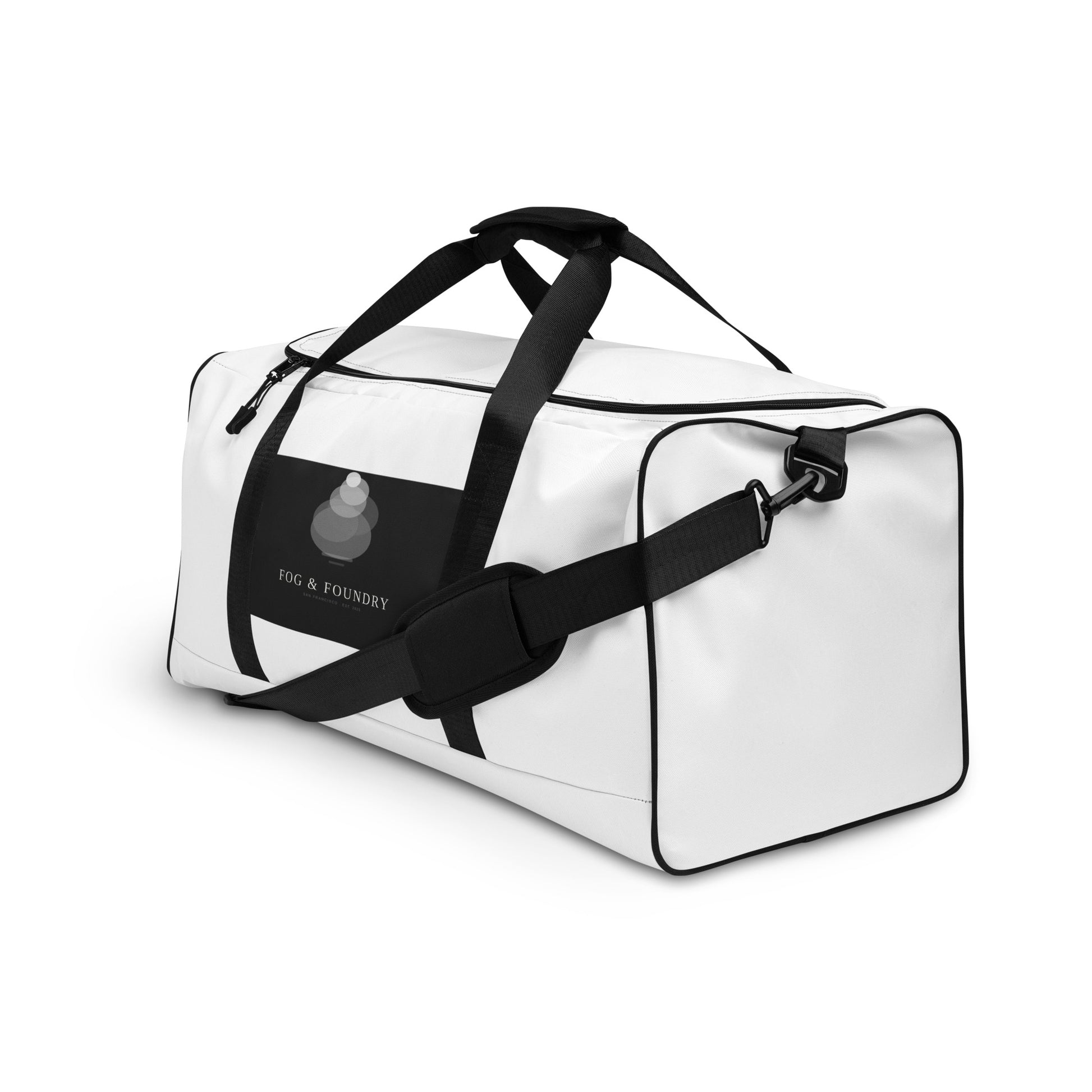 All-over print duffle bag left front — Fog & Foundry