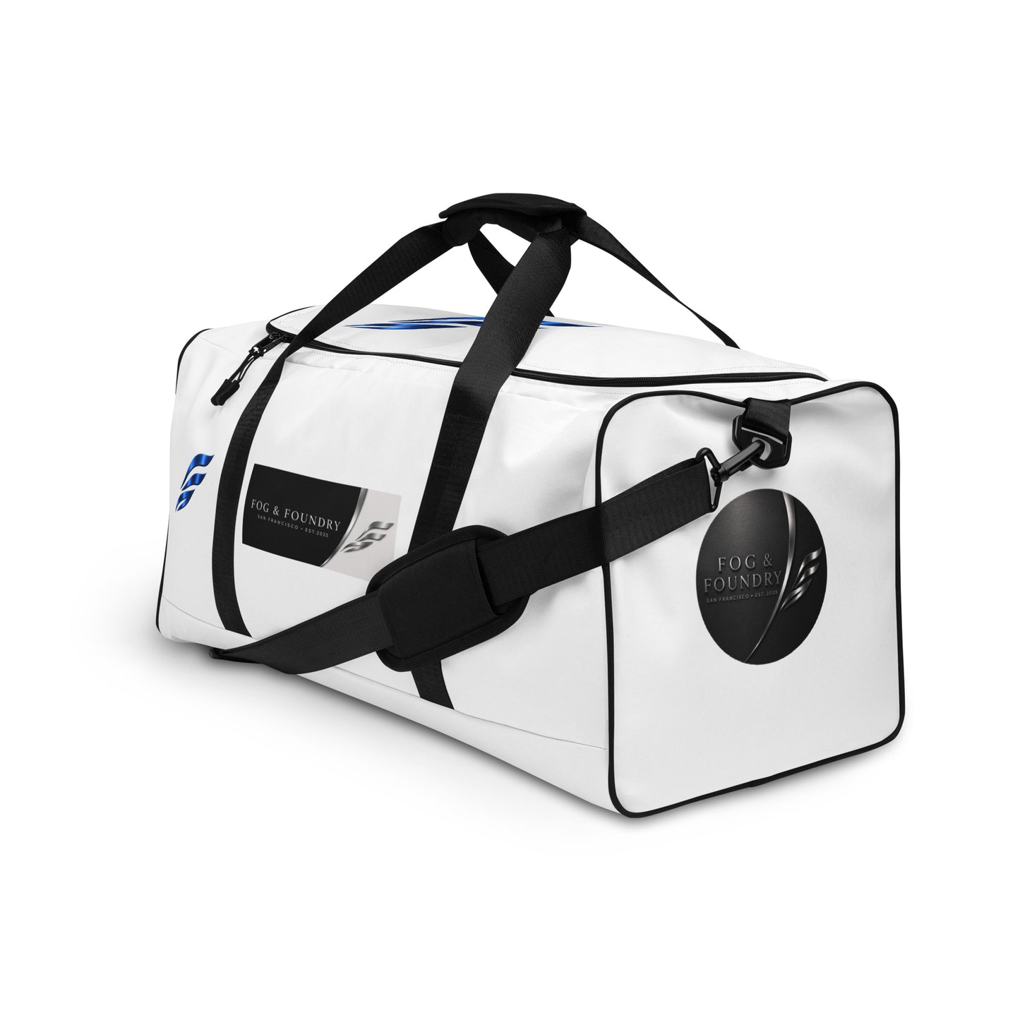 Large Fog & Foundry Performance+ Duffle Bag with all-over white print, front view showing spacious design and sturdy straps.