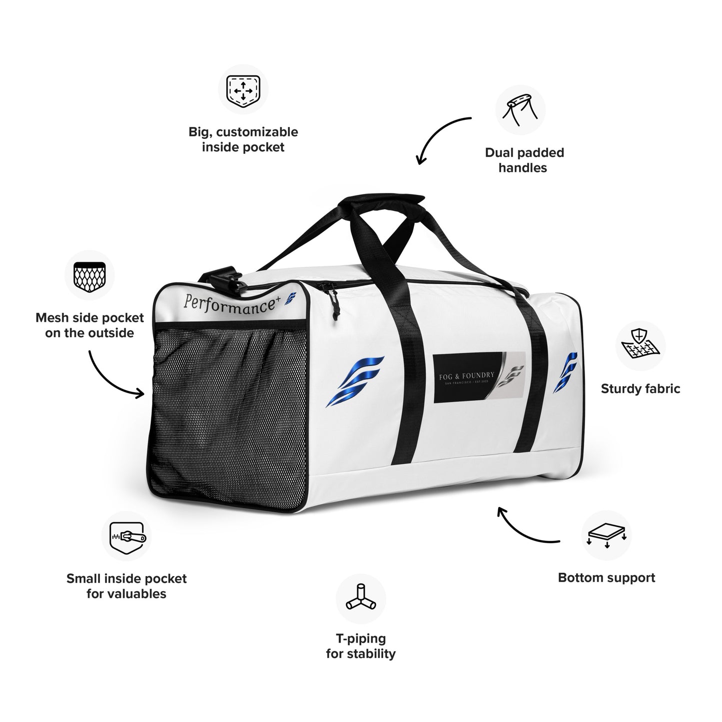 Large Fog & Foundry Performance+ Duffel Bag with all-over white print, showing the front right view with sturdy handles and spacious design.