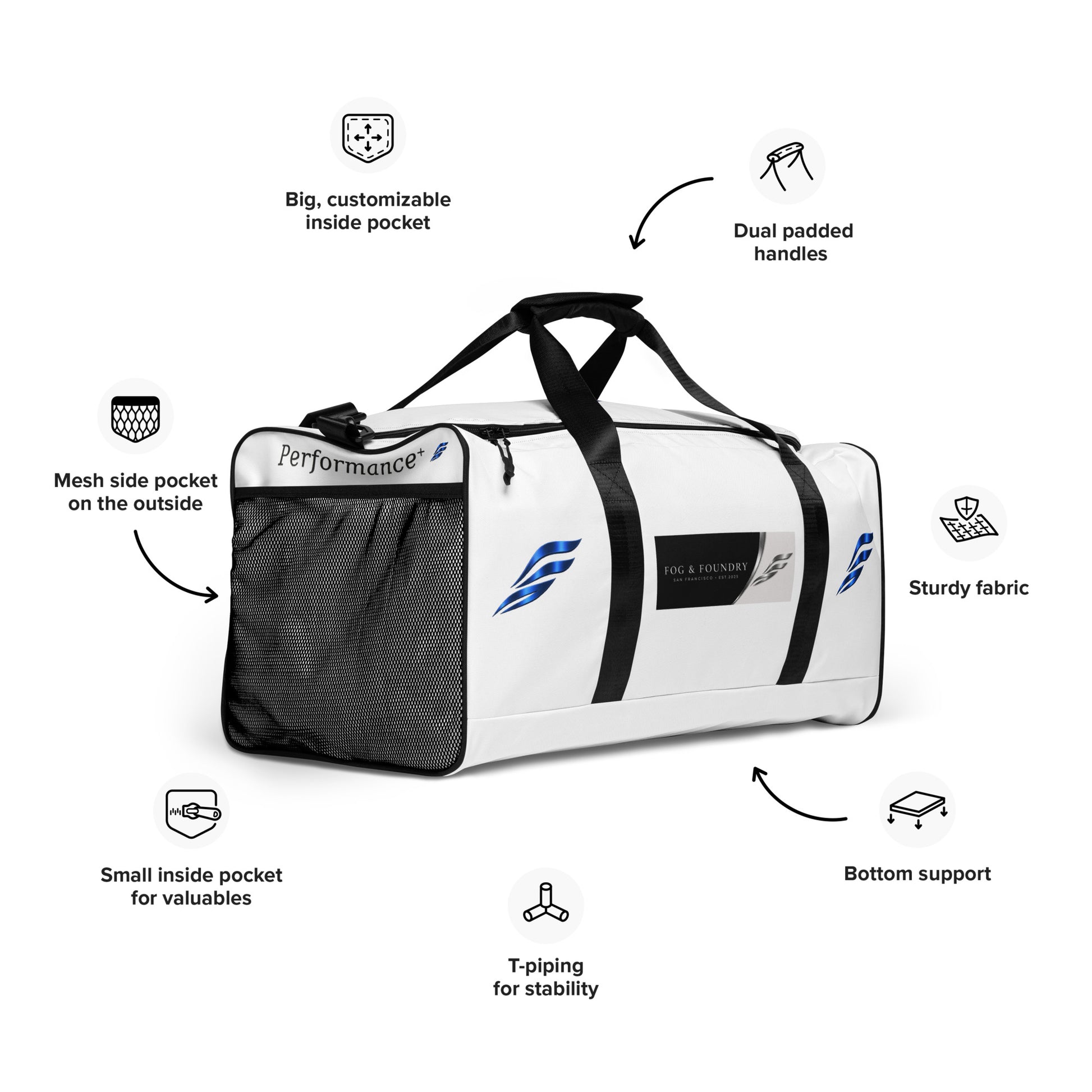 Large Fog & Foundry Performance+ Duffel Bag with all-over white print, showing the front right view with sturdy handles and spacious design.