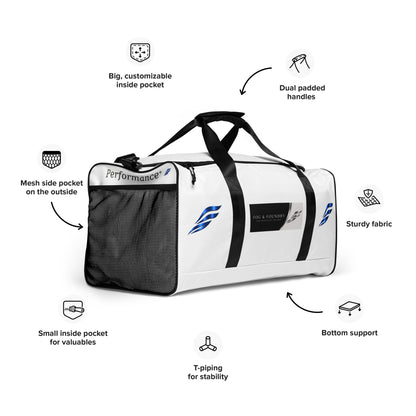 Large Fog & Foundry Performance+ Duffel Bag with all-over white print, showing the front right view with sturdy handles and spacious design.