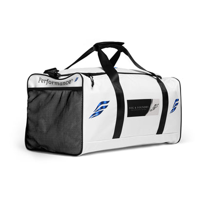 Large Fog & Foundry Performance+ Duffle Bag with all-over white print, showing right-front view with handles and zip closure.