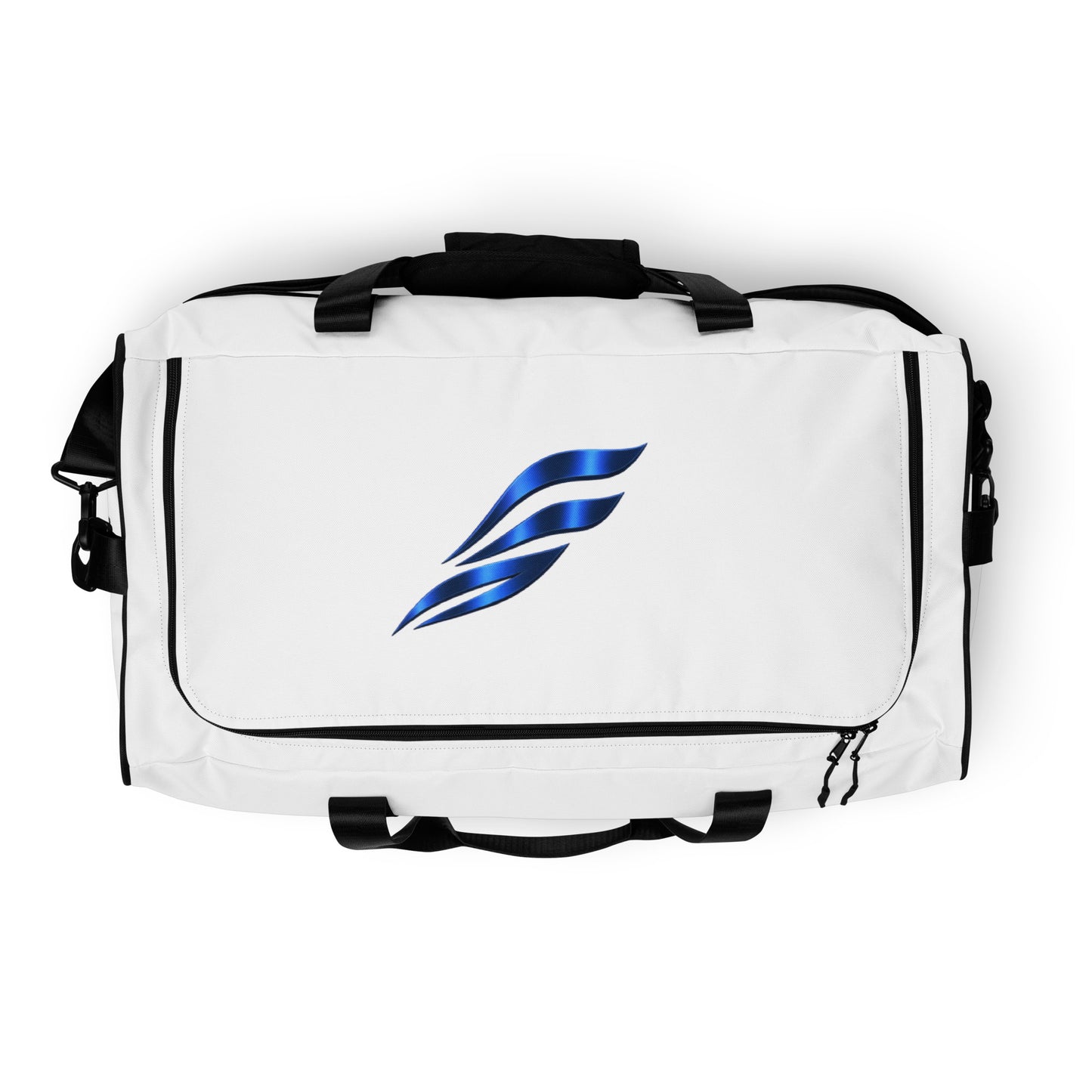 Large Fog & Foundry Performance+ Duffle Bag with all-over white print, showing the spacious design and sturdy handles.