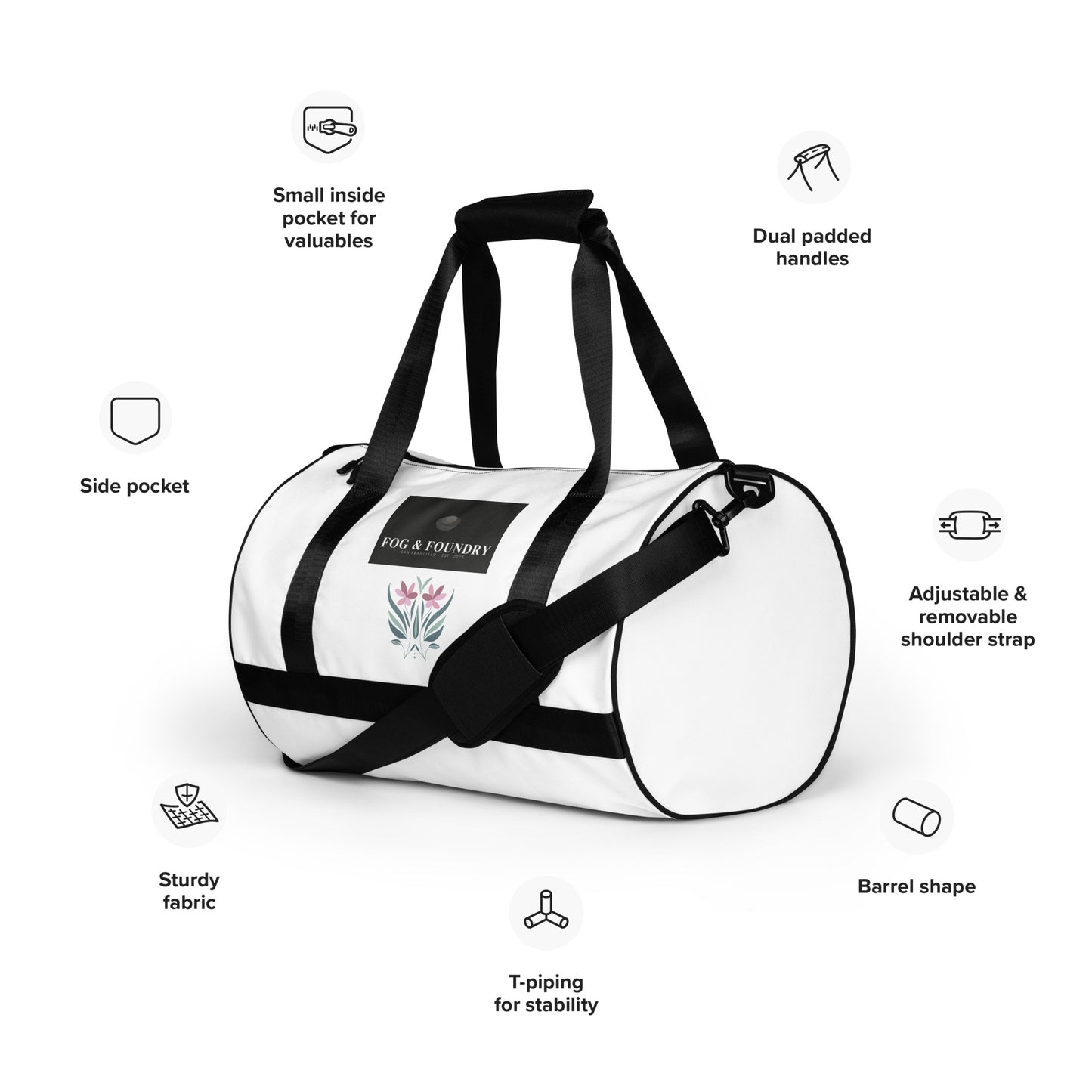 All-over print gym bag left front — Fog & Foundry