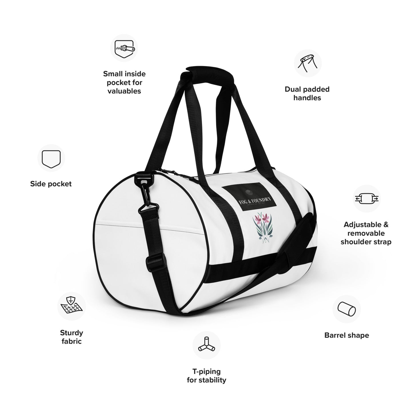All-over print gym bag right front — Fog & Foundry