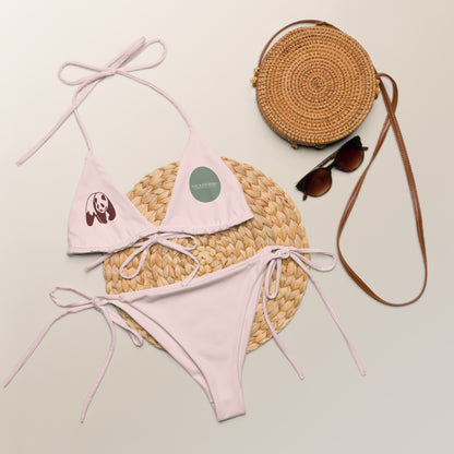 Blush pink string bikini from Fog & Foundry featuring an all-over recycled print, front view of the swimwear.