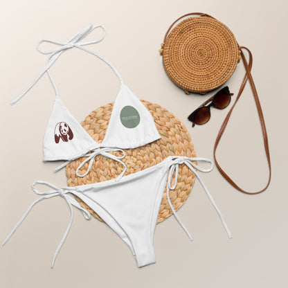 Fog & Foundry Fog White String Bikini swimwear with all-over print, front view showing recycled fabric and string design.