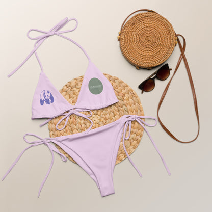 Lavender string bikini swimwear by Fog & Foundry featuring all-over white recycled print, front view showing adjustable ties.