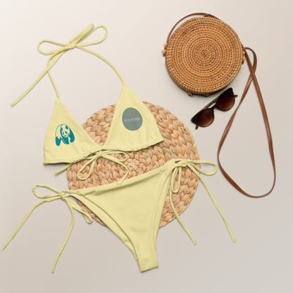 White recycled string bikini from Fog & Foundry's Marine Layer swimwear collection, featuring an all-over print and adjustable string ties.