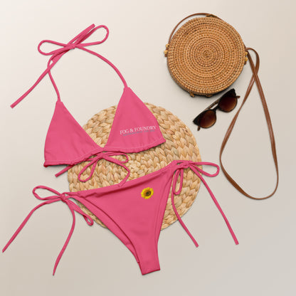 Pink Bougainvillea string bikini by Fog & Foundry featuring all-over print and recycled fabric, front view of swimwear.
