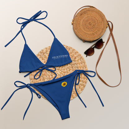 Mariner Blue String Bikini by Fog & Foundry featuring an all-over print, recycled fabric, and adjustable string ties on the front.