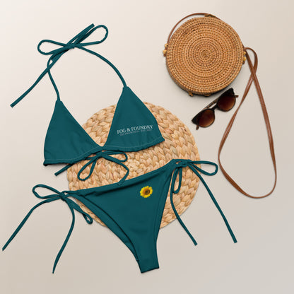 Deep Sea Green String Bikini by Fog & Foundry featuring an all-over recycled print, shown from the front.