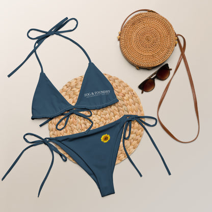 Coastal Slate Blue string bikini by Fog & Foundry featuring all-over print, recycled fabric, and a classic swimwear style.