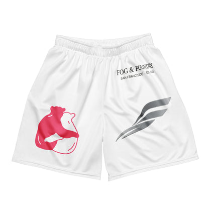 Recycled white unisex mesh shorts with all-over bougainvillea trail print from Fog & Foundry.