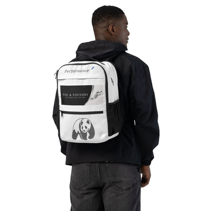 White canvas backpack with all-over utility print from Fog & Foundry, featuring multiple compartments and adjustable straps.
